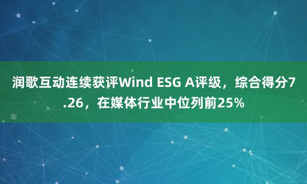 润歌互动连续获评Wind ESG A评级，综合得分7.26，在媒体行业中位列前25%
